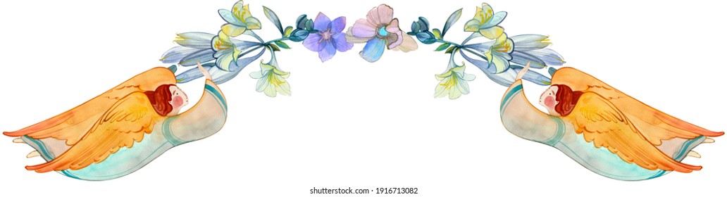 watercolor hand drawn angel and flower border in vibrant pastel colors for wedding designs, church decorations, religious cards, Easter spring greetings. Cute decor for birthday and christening watercolor hand drawn angel and flower border in vibrant pastel colors for wedding designs, church decorations, religious cards, Easter spring greetings. Cute decor for birthday and christening