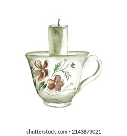 Watercolor Hand Drawn Antique Porcelain Teacup And White Candle Illustration. Shabby Chick Home Decor Object Of Vintage Cup With Floral Ornament. Nostalgic Clipart Element Isolated On White Background