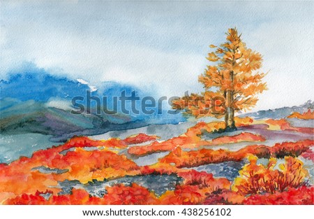 Watercolor hand drawn autumn landscape with mountains and yellow tree. Illustration