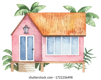 Watercolor Hand Drawn Beach House With Hay Roof And Palms