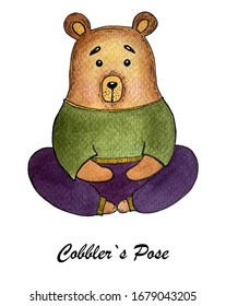 Watercolor hand drawn bear making yoga  Kids  children  baby illustration  Colorful isolated object white background  