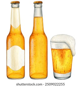 watercolor hand drawn beer bottle and glass - Powered by Shutterstock