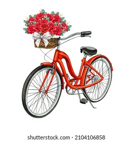 Watercolor Hand Drawn Bike With Basket Full Of Roses 