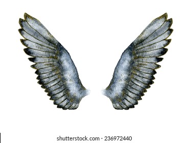 Watercolor Hand Drawn Black, Grey And Gold Angel Wings.