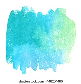 Watercolor hand drawn blue green paper texture isolated splash on white background. Abstract water color brush paint shape stroke element for text, design, card, wallpaper, banner, template, print