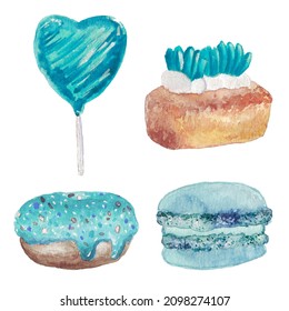 Watercolor Hand Drawn Blue Sweets Set. Donut, Lolipop, Macaron And Cake.