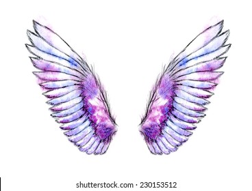 Watercolor Hand Drawn Blue And Violet Delicate Angel Wings.