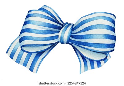 Watercolor Hand Drawn Blue With White Stripes Ribbon Bow Isolated On White Background. Useful For Design Of Birthdays, Anniversary, Christmas And New Year Holidays And Other Events.