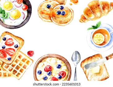 Watercolor hand drawn breakfast illustration. Painted sketch food isolated frame on white background - Powered by Shutterstock