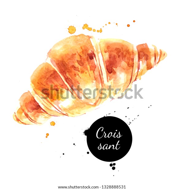 水彩手描きのクロワッサンの朝食イラスト 白い背景にスケッチフードをペイント のイラスト素材