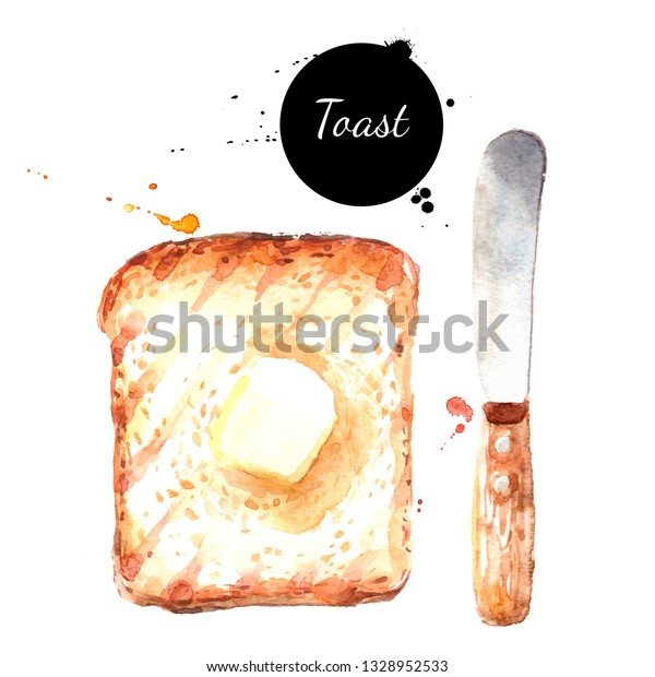 水彩手描きのバター付きトーストの朝食イラスト 白い背景にスケッチフードをペイント のイラスト素材