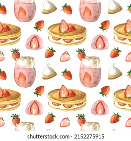 Watercolor Hand Drawn Breakfast Seamless Pattern. Texture Of Food Objects Isolated On White Background - Pancakes, Strawberry, Milkshake, Pastry. Wallpaper Of Dessert Clipart Elements For Cafe, Menu.