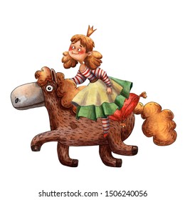 Watercolor hand drawn card. Cute medieval princess girl and brown pony. Horse riding. Cute dress, crown and carnival costume. Invitation card. Cartoon style. Stripes costume. Fairy tale character. - Powered by Shutterstock