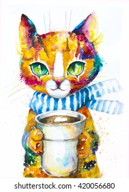 watercolor hand drawn cat with coffee cup