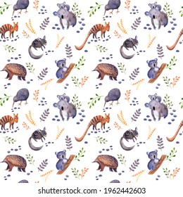 Watercolor Hand Drawn Childish Seamless Pattern With Cute Australian Animals: Koala, Numbat, Sugar Possum,echidna, Kiwi. Print For Wallpapers, Wrapping Paper, Scrapbooking, Textile