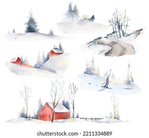 Watercolor hand drawn Christmas compositions. Winter foggy landscapes, scandinavian village scene set. Snow, red houses, road, trees, spruce, birds. New year illustrations isolated on white background - Powered by Shutterstock