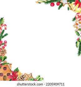 Watercolor Hand Drawn Christmas Corner Frame With Pine Cones, Gingerbread Cookies, Red Berries, Golden Bells, Pine Branches On White Background. Winter Template For Greeting Cards.