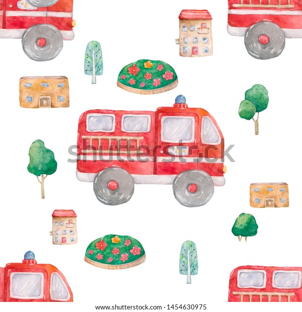 Watercolor Hand drawn city, fire trucks and green
tree seamless pattern on white background. Cartoon illustration,
baby cute truck style illustration. Textile, book, red colorful
clip art.