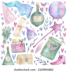 Watercolor Hand Drawn Clipart With Magic Attributes, Magic Wand, Magic Potion, Fortune Ball, Magic Herbs, Spell Book, Wizard Cap.
Gentle Romantic Cliparts For Poscard And Decoration