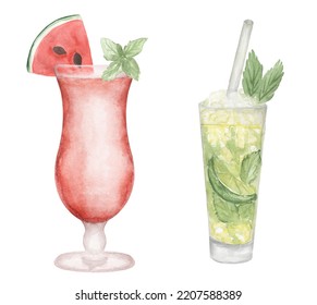 Watercolor hand drawn cocktail illustration set with watermelon and lime. Beverages clipart for menu, card, postcard, banner, poster. Food and drink print - Powered by Shutterstock