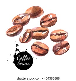 Watercolor Hand Drawn Coffee Beans. Isolated Natural Food Illustration On White Background