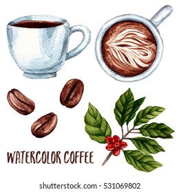 Watercolor Hand Drawn Coffee Set. Cups, Beans And Plant. 