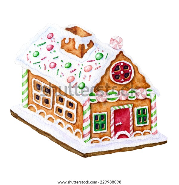 Watercolor Hand Drawn Colorful Gingerbread House Stock Illustration ...