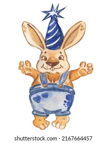 Watercolor Hand Drawn Cute Bunny Wearing Blue Pants And Party Hat