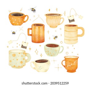 Watercolor Hand Drawn Cute Vintage Tea Coffee, Milk Set With Illustration Of Vintage Ceramic Cup, Mug, Bumblebee, Tea Bag, Doodle Elements Isolated On White Background. Magic Breakfast.