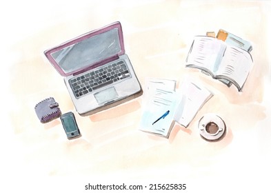 Watercolor Hand Drawn Drawing Painting Illustration Detailed Top View On Modern Workplace. Laptop, Phone, Wallet, Notebook, Diary, Cup Of Coffee. Big Water Color Collection.