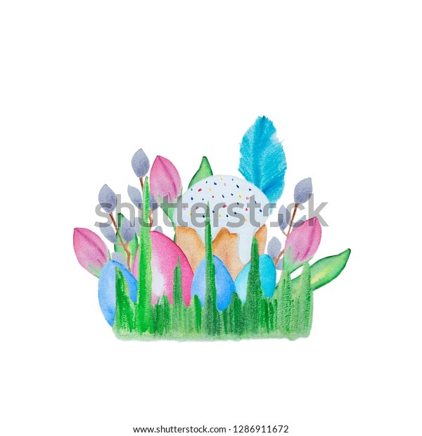 Watercolor hand drawn Easter cars with eggs, tulip,\
Easter cake and\
grass