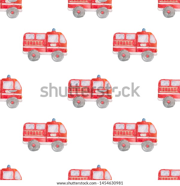 Watercolor Hand drawn fire\
trucks seamless pattern on white background. Cartoon illustration,\
baby cute truck style illustration. Textile, book, red colorful\
clip art.