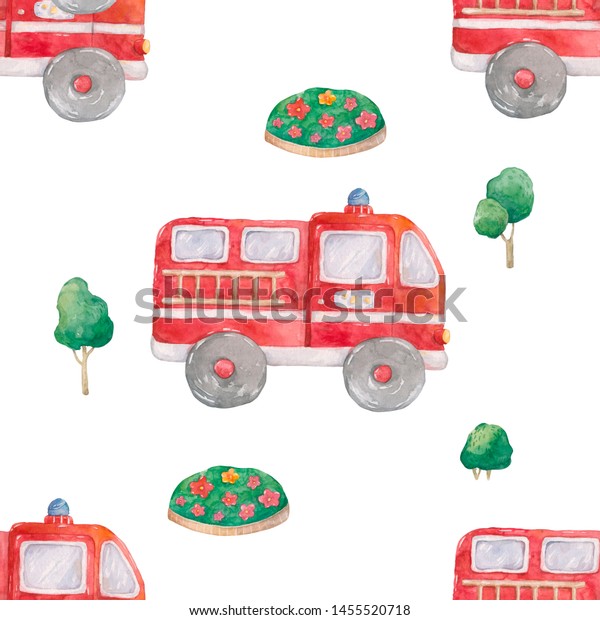 Watercolor Hand drawn fire trucks and green tree\
seamless pattern on white background. Cartoon illustration, baby\
cute truck style illustration. Textile, book, red colorful clip\
art.
