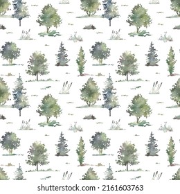 Watercolor Hand Drawn Forest Seamless Pattern With Illustration Of Different Types Of Deciduous, Coniferous Trees, Spruce, Grass, Elements Isolated On A White Background. Woodland Silhouette Wallpaper