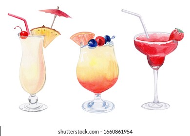 watercolor hand drawn fruit cocktails isolated on white background. summer alcoholic drinks set with pina colada, strawberry daiquiri