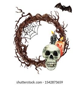 Watercolor hand drawn Halloween illustration. Creepy and dark holiday twig wreath, scary skull, lighting candles, bat, web, isolated on white background. Spooky banner for cards, invitations.