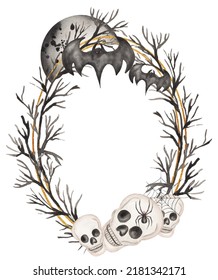 Watercolor Hand Drawn Halloween Wreath. Scary Party Frame With Scull Illustration, Bat, Black Moon, Branches And Spider Clipart. Holiday Template Card With Halloween Symbols.