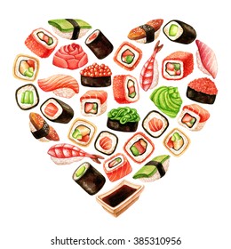 Watercolor hand drawn heart shaped template with sushi, sashimi and rolls on a white background. Japanese food illustration 