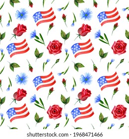 Watercolor hand drawn Illustration. 4th of July celebration. Floral Seamless Pattern with festive flags, roses and cornflowers with leaves