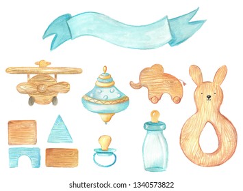 Watercolor Hand Drawn Illustration. Baby Accessories. Wooden Toys, Pacifier And Bottle On White Background.