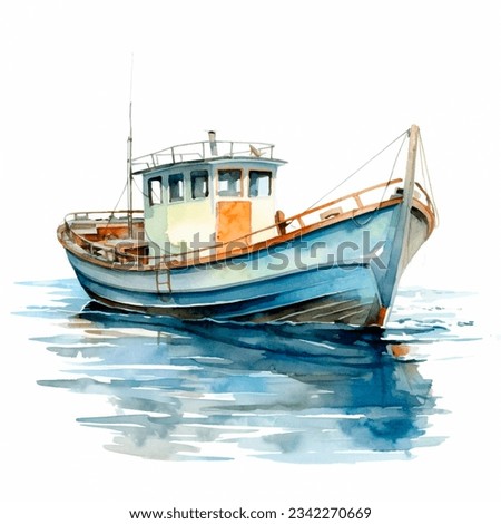 Watercolor hand drawn illustration background, barkas or lanch, blue boat in the sea, swings on waves, isolated background. Applicable for cards, surface design, packaging.