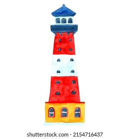 Watercolor hand drawn illustration of blue lighthouse. Tower with windows in cartoon style. Design for cards, backgrounds, decorations, labels, party decor.