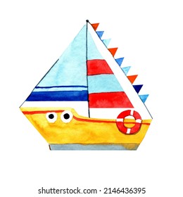 Watercolor hand drawn illustration of boat with striped sail. Ship and red life buoy isolated on white background. Nautical club clipart. Sailing vessel cartoon style. Design of seafaring symbol.