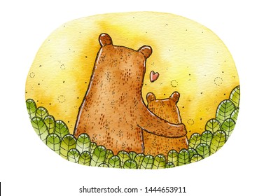 Watercolor Hand Drawn Illustration Of A Brown Mama Bear And A Brown Baby Bear In The Field With A Yellow Background.