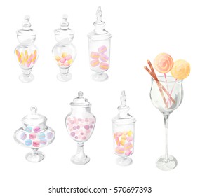 Watercolor hand drawn illustration.  Candy and candy jar isolated on a white background. Delicious sweet buffet. Sweet holiday buffet with candy. watercolor candy jar