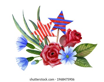 Watercolor hand drawn Illustration. Celebration of USA independence day. Festive composition with with stars, roses and cornflowers