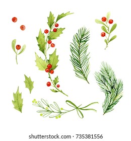 Watercolor hand drawn illustration. Christmas winter theme. Set of christmas elements with flower and berries. Holiday greeting card.