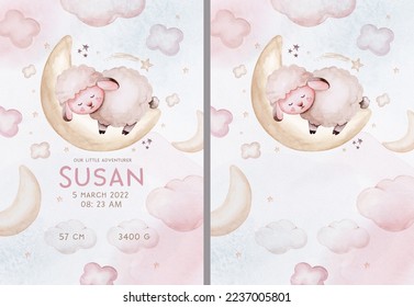 Watercolor hand drawn illustration of a cute baby elephant, sleeping on the moon and the cloud. Baby Shower Theme Invitation birthday Template. - Powered by Shutterstock