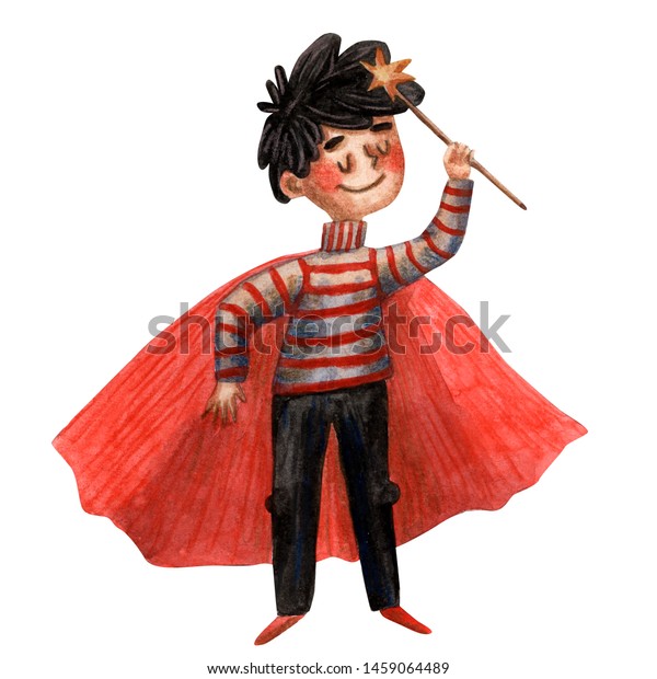 水彩手描きのかわいい少年のイラスト ハロウィーンカード マジックスティックと赤いマンル 妙な若い魔法使い カーニバルのドレス 秋のパーティー 少年 の性格 幸せな子 小さな魔女よ おごるかだます のイラスト素材