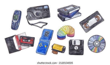 Watercolor Hand Drawn Illustration Isolated On White Set Collection Objects 90s Years; Mobile Cellphone Tetris Game Photo Camera Mix Tape Floppy VHS  Videotape Cassette CD Disk Camera Roll Slinky Toy